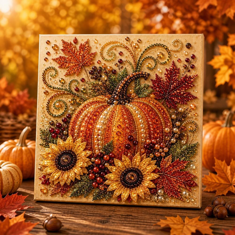 A finished fall pearl art canvas of a pumpkin, sunflowers and autumn leaves set in pearls and gems
