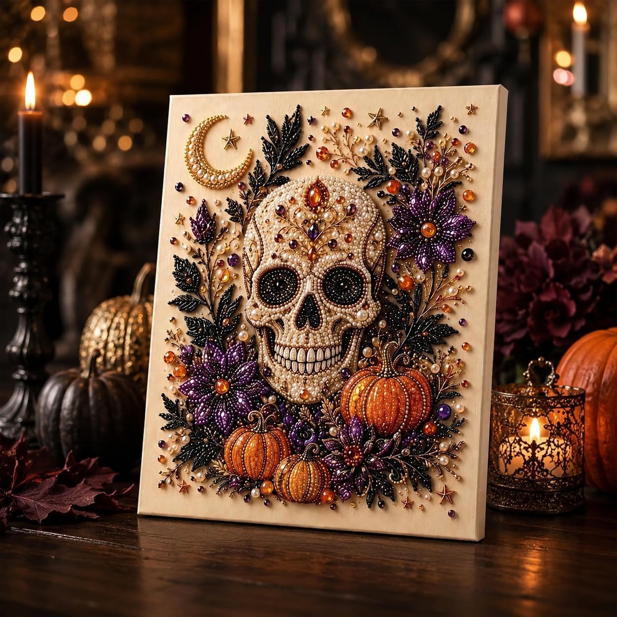 A finished spooky pearl art canvas of a jeweled skull surrounded by purple flowers, pumpkins and a crescent moon
